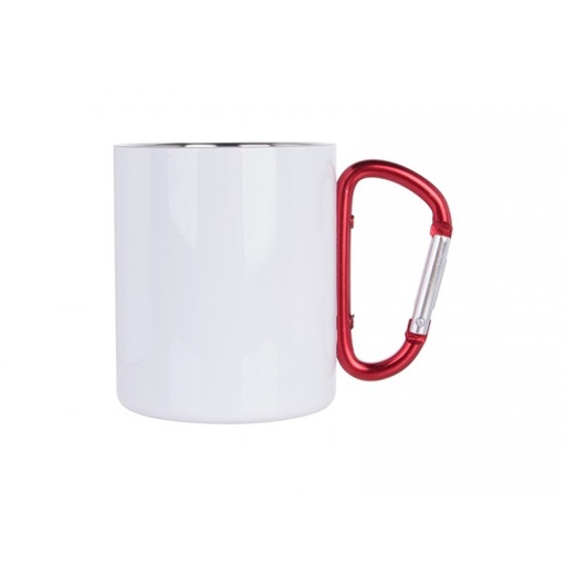 [B12GW] Mug métal blanc anse mousqueton rouge 300ml